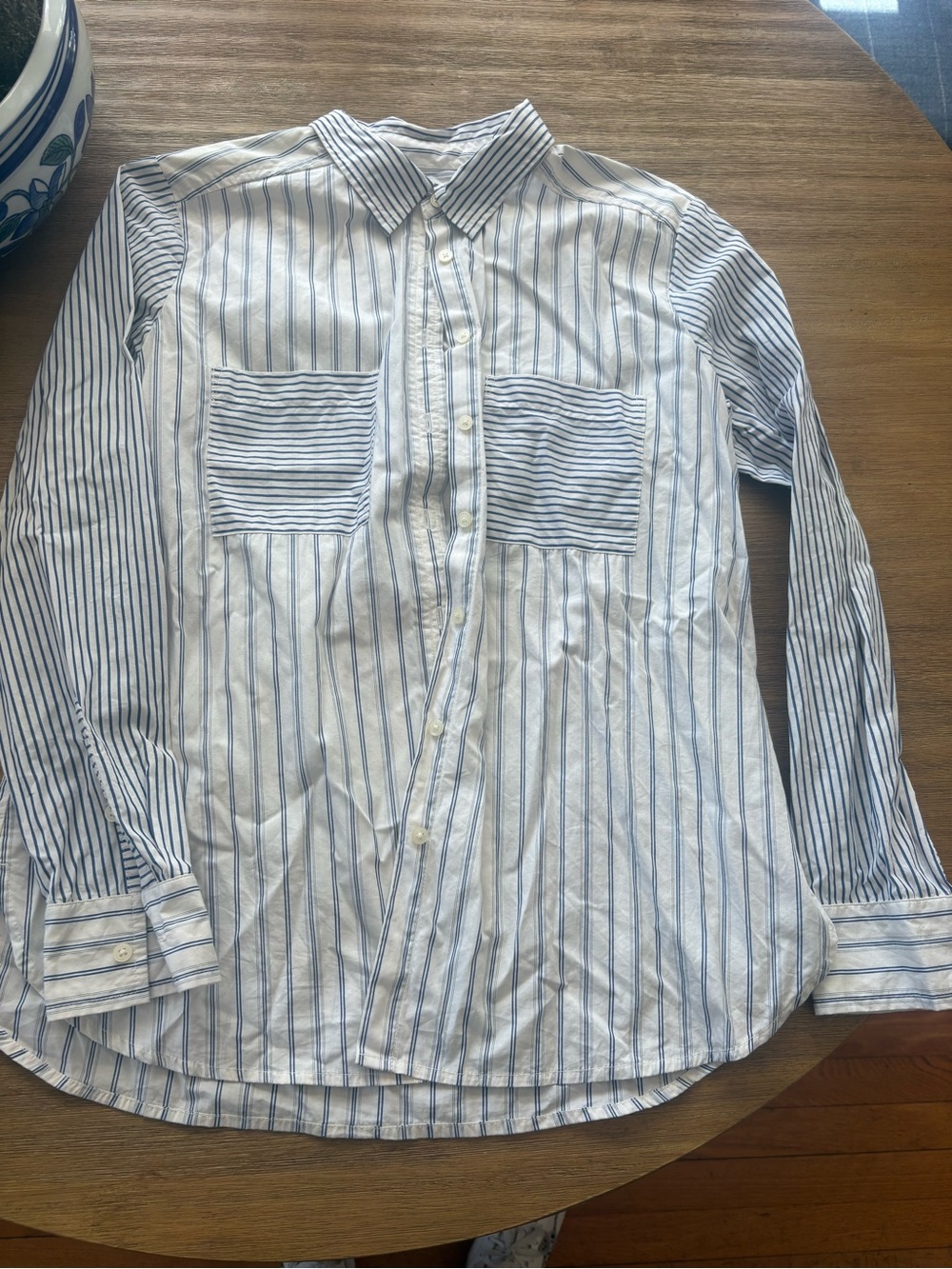 LOFT Blue & White Button Down Cotton Shirt with Blue Pinstripes Size S